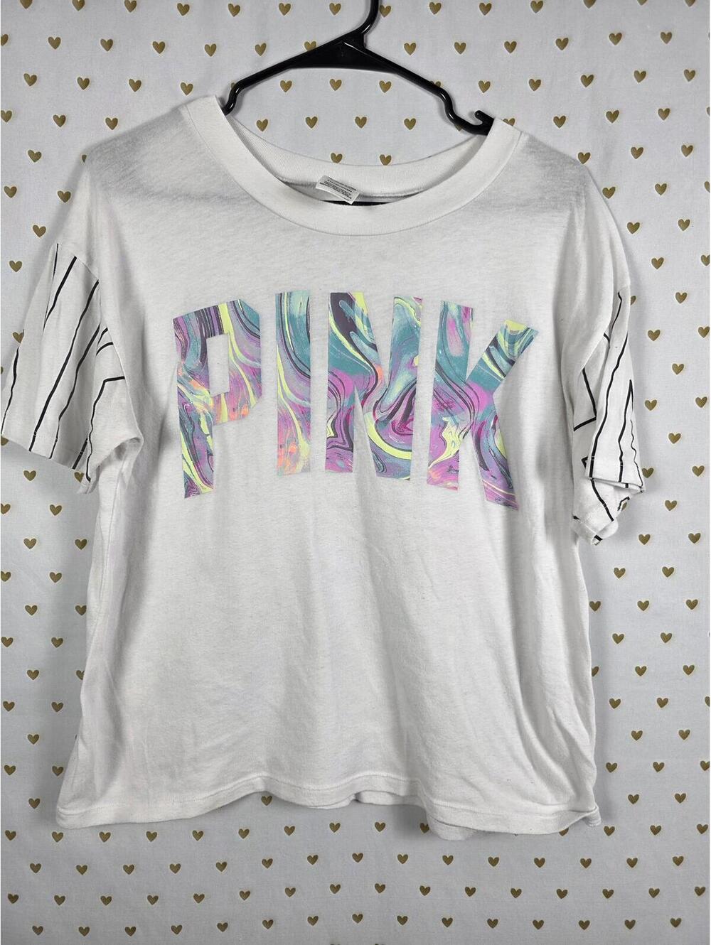 Victorias Secret PINK Tye Dye Logo Cropped Tee shirt Marbled SMALL